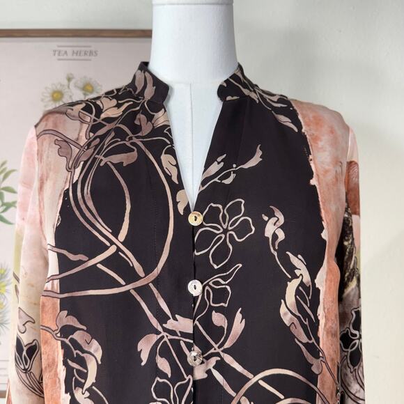 Citron Santa Monica Brown Floral 3/4 Flare Sleeve Silk Top Fairy Grunge Forest M - Picture 5 of 11